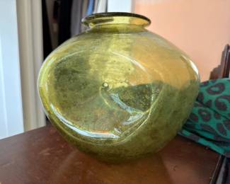 Green art glass round vase