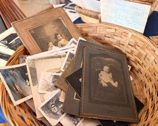 Basket of antique photographs, cabinet cards & tintypes