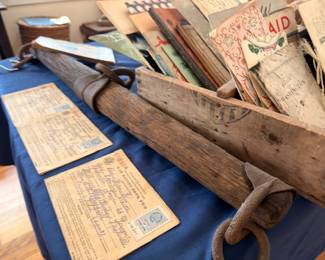 Antique paper ephemera, ration books & documents in wooden crate