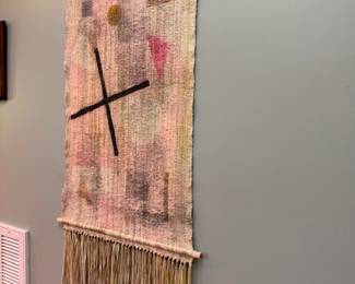 Woven fiber art wall hanging tapestry with fringe