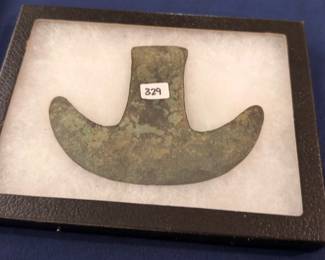 Native American crescent-form ceremonial stone artifact, framed