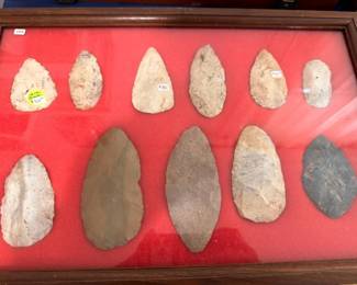 Large Native American stone blades and hand axes, framed display