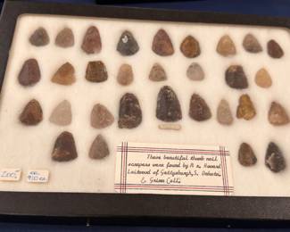 Native American thumbnail scrapers collection, framed display