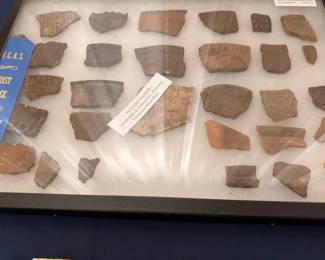 Native American pottery sherds, award-winning display with blue ribbon