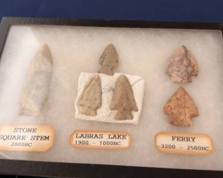 Labeled archaic projectile points, Stone Square Stem, Labras Lake and Ferry types