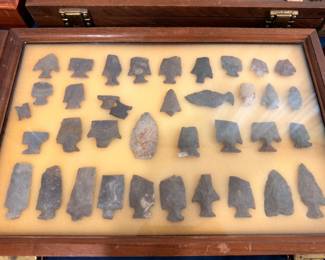Native American projectile points and arrowheads, display case