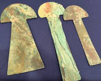 Native American copper spuds and celts, green patina, three artifacts