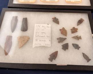 Native American arrowheads and stone tools with provenance tags, display case
