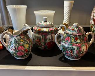 3 Piece Rose Medallion Tea Set with Teapot, Lidded Sugar and Creamer
