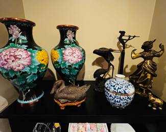 Pair of XL 16" Antique Chinese Brass & Cloisonne Enamel Baluster Vases, Vintage Bronze Seated Duck Sculpture on Wood Plinth Base, Other Bronze Statues