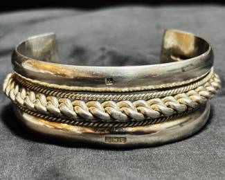 RARE Antique Egyptian .800 Silver Hand Forged Cuff Bracelet - Twisted Rope Design