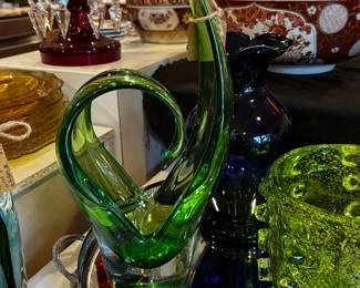 MCM Emerald Green Swirl Sculpture, Hand Blown Murano Style