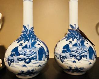 RARE Matched Pair of Antique Large 13" Chinese Long Neck Bottle Vases with 6 Character Kangxi Apocryal Marks 
