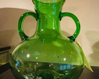 Rare Italian XL 13" Hand Blown Emerald Green Dual Handle Empoli MCM Floor Vase