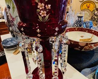 Antique 14" Czech Victorian Mantle Luster with 8" Faceted Cut Prisms