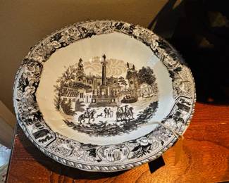 Black Transferware "Classical Monument" Scene FootedIronstone Serving Bowl 