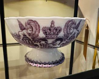Rare Antique Mulberry Transferware Pedestal Bowl 10" featuring Prince of Wales Feathers, Heraldic Crest, and Royal Arms Cartouche, Circa 1841-1865