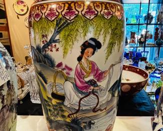 18" Elegant Asian Decor Baluster Vase, Hand Painted Circa mid 20th Century