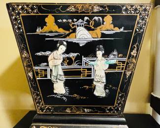 Rare Vintage Chinese Black Lacquer Hand Painted Mother of Pearl Inlay Flower Planter with Stand, Metal Interior