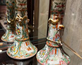 RARE Antique Pair Chinese Rose Medallion Candlesticks with Embellished Applied Serpents Circa 1850-1870