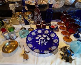 Assorted Glass & Crystal - Centered is a Bohemian Cobalt Blue Cut to Clear Centerpiece Platter with Sawtooth Edge