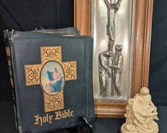 CT442Leather Bound Bible, Vintage Resin Pieta, Metal Relief Plaque