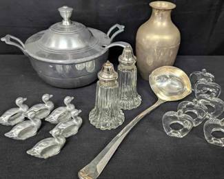 CT569Wilton Armetale Soup Toureen, Vintage Gerity Silver Plate Serving Spoon, Vintage Pewter Napkin Rings