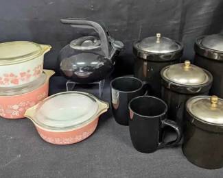 CT561VVintage Pyrex Pink Gooseberry Casserole Dishes  Ceramic Canisters  More
