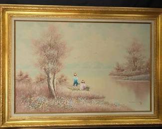 CT534Oil Painting Of Children By The Water Signed By Charles Manning