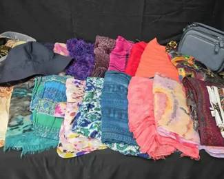 CT566Burberry bucket hat with assorted scarves, hair items and purse