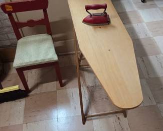 Child's ironing board, iron and chair
