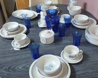 Table set with complete set of Pfaltzgraff York town pattern and Royal lace pitcher and glasses