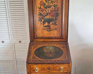 Neoclassical / Jacobean Style Hand-Painted Slant Front Secretary. Measures 21" W x 14" D x 72" H. Photo 1 of 5.  