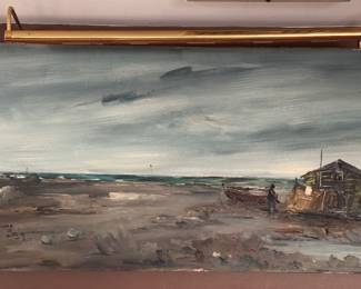 Untitled Seascape Watercolor with Shack. Artist Unknown. Measures 43.5" W x 22" H. 