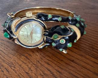 Joseph Mazer Black Enamel & Green Glass Cabochon Panther Watch. Photo 2 of 3. 