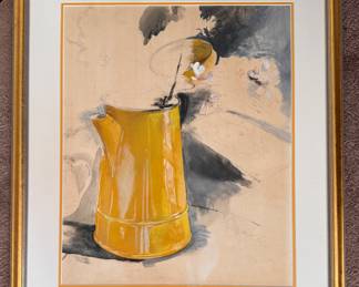 Watercolor Still Life of Yellow Coffee Pot. Measures 22" W x 26" H Overall. 