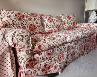 Brunschwig & Fils Dzhambul In Raspberry & Orange Colorway Upholstered Sofa with Down-Filled Cushions. Measures 82" W x 36" D. Photo 1 of 4. 