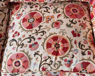 Brunschwig & Fils Dzhambul In Raspberry & Orange Colorway Upholstered Sofa with Down-Filled Cushions. Measures 82" W x 36" D. Photo 3 of 4. 