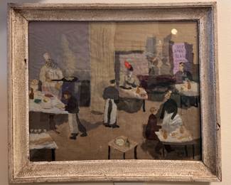 "Dinner Scene," Mixed Media on Board Signed Bildy After Andres Escartin. Measures 20" W x 17" H Overall.