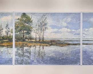 Triptych Waterfront Landscape. Measures 44" W x 16" D. 