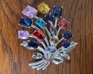 Multi-Color Flower Spray Brooch Mounted in Sterling Silver. Photo 1 of 2. 