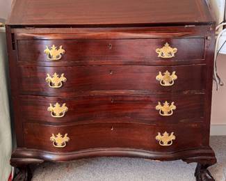 Chippendale Style Slant-Top Serpentine Style Desk with Ball & Claw Feet and "Bat Wing" Drawer Pulls. Photo 1 of 5.