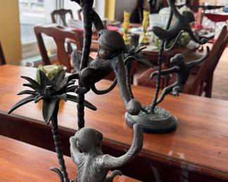 Maitland Smith Wrought Iron Monkey Candelabra. Measures 18" H. 