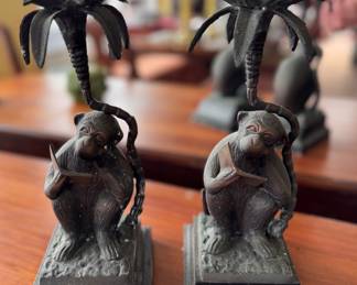 Pair of Maitland Smith STYLE Wrought Iron Candleholders. Measures 12" H. 