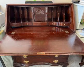 Chippendale Style Slant-Top Serpentine Style Desk with Ball & Claw Feet and "Bat Wing" Drawer Pulls. Photo 2 of 5.
