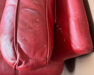 Red Leather Upholstered Three-Seat Sofa. Measures 88" W x 40" D. Photo 4 of 4. 