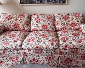 Brunschwig & Fils Dzhambul In Raspberry & Orange Colorway Upholstered Sofa with Down-Filled Cushions. Measures 82" W x 36" D. Photo 2 of 4. 
