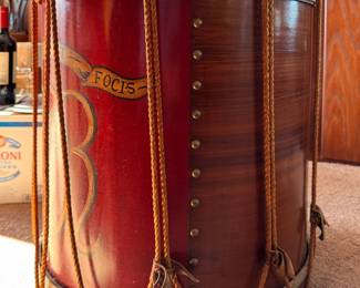 Reproduction Monogrammed Military Snare Drum Side Table with "Pro Aris Et Focis" Slogan (For God & Country). Photo 2 of 4.