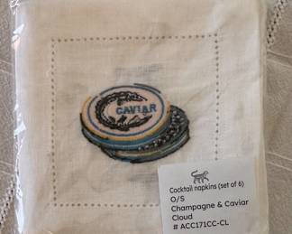 Set of 6 Champagne & Caviar Theme  Linen Cocktail Napkins. 