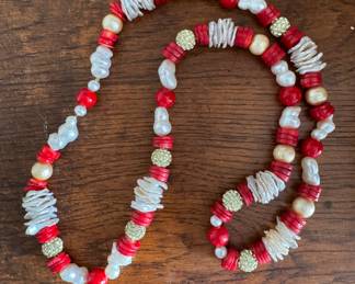 Cinnabar-Style Red Beads & Fresh Water Pearl Necklace. 